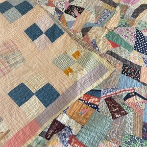 Antique Reversible Crazy Quilt Calico Feedsacks Nine Patch Farmhouse Blue